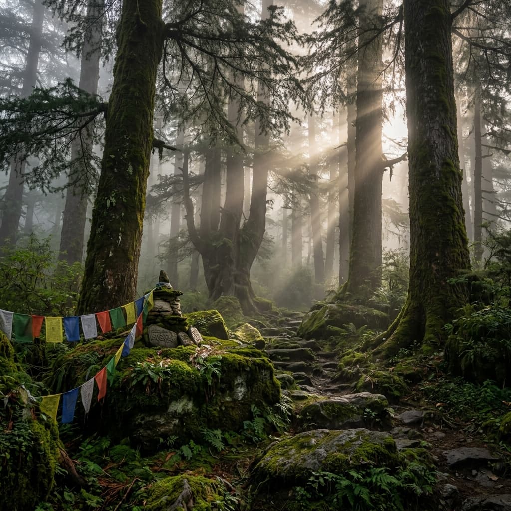 A peaceful outdoor spiritual retreat setting in a lush evergreen forest.