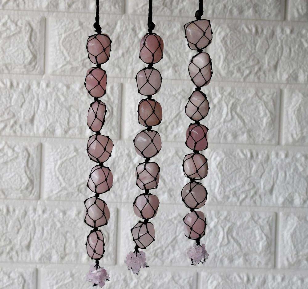 Rose Quartz Tumbled Stone Car Hanger With Chips Tassel